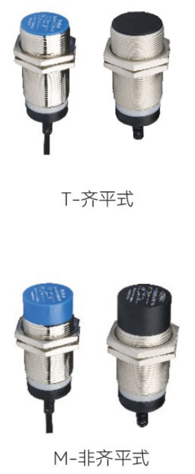 BND接近开关齐平与非齐平实物组合图,展示圆柱螺纹外壳、安装螺母和引出电缆